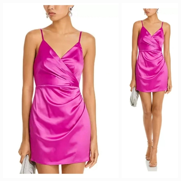 AQUA Drape Front Pink Satin Mini Dress with Adjuatable Spaghetti Straps Small - Picture 1 of 8